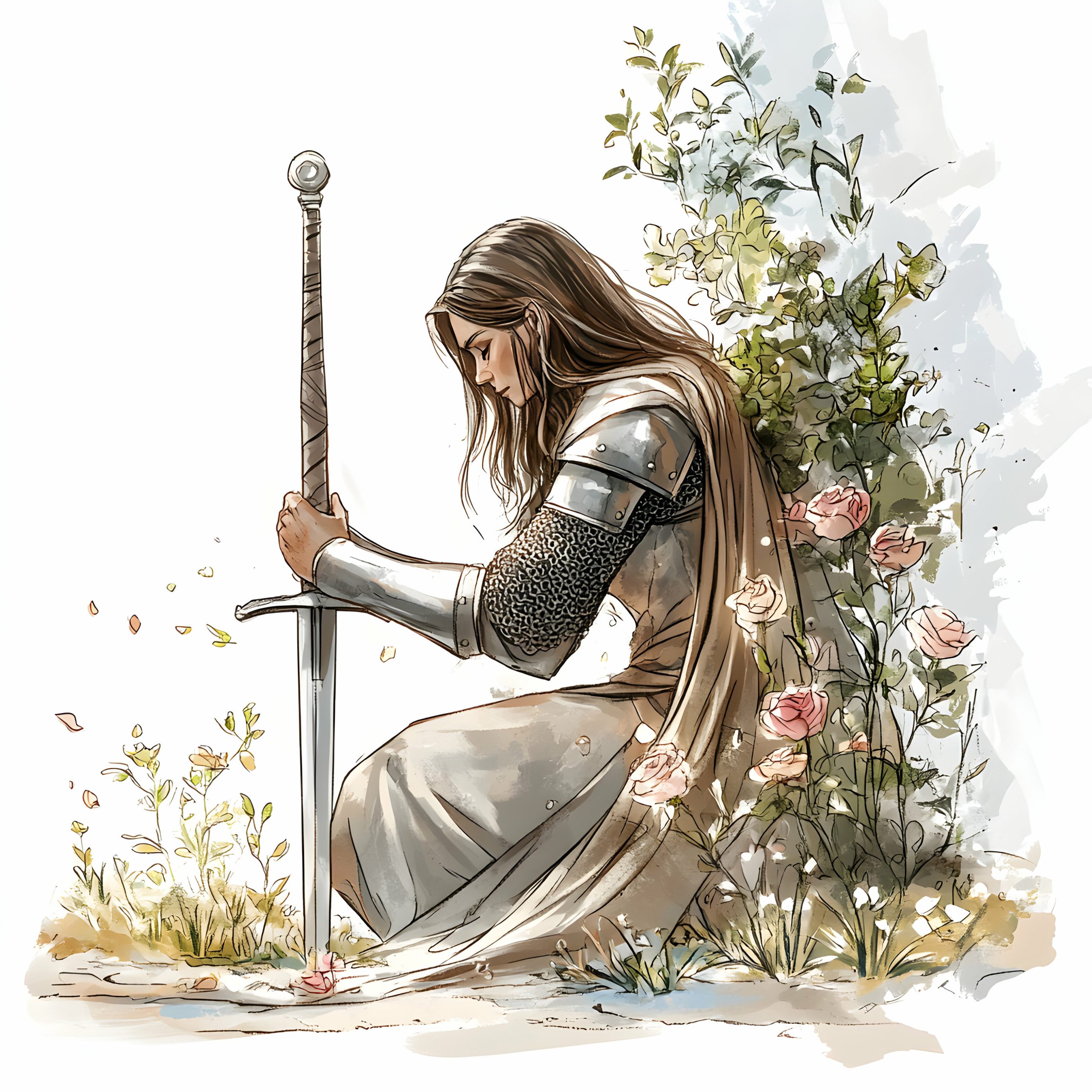 kneeling female knight in armour graspiong a sword