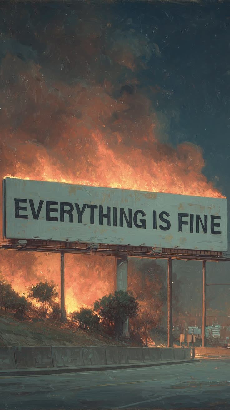 building on fire with sign saying everything is fine