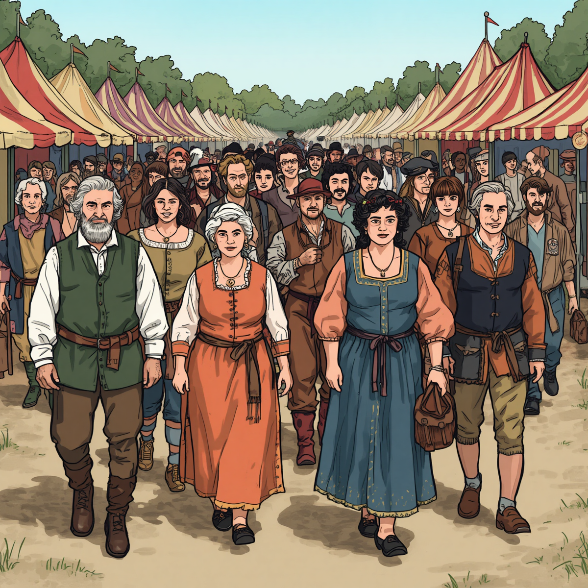 A diverse drawing of adults at a ren faire in costume